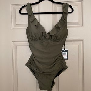 NWT DKNY size 10 one piece Olive bathing suit with deep V neck with ruffle trim